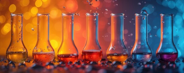 Brightly colored laboratory glassware with various chemical solutions and floating bubbles, representing scientific research and experimentation under vibrant lighting conditions