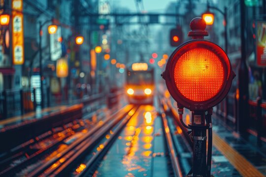 A misty urban scene with a focused view of a vivid red traffic signal, with a blurred streetcar approaching on shining tracks reflecting city lights