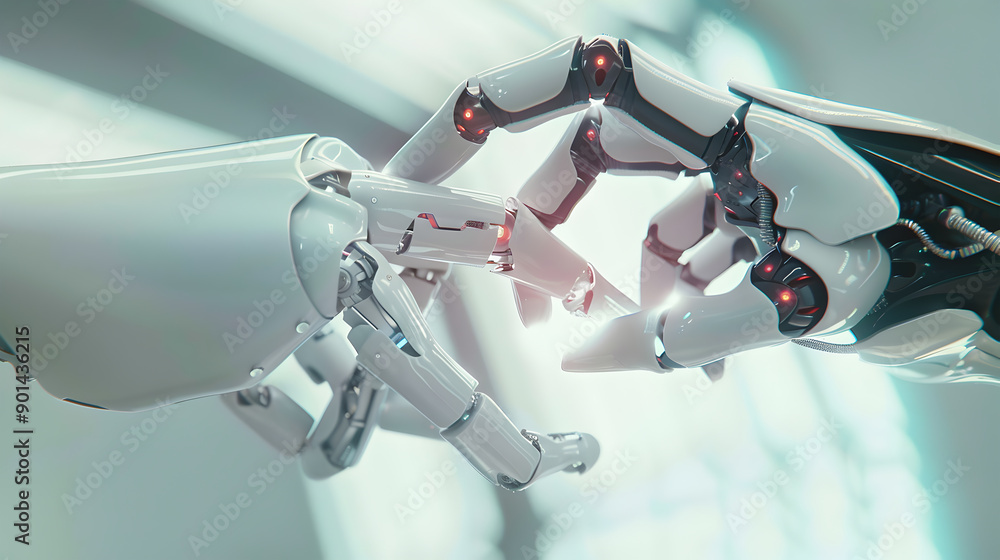 Poster white cyborg finger about to touch human finger 3d rendering. generative ai.