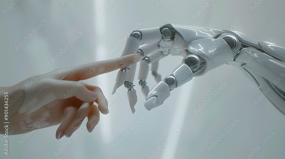 Poster white cyborg finger about to touch human finger 3d rendering. generative ai.