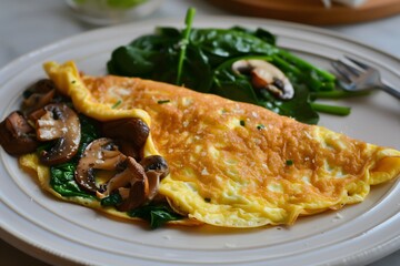 Fototapeta premium An egg and cheese omelette served with spinach and mushrooms on a white plate