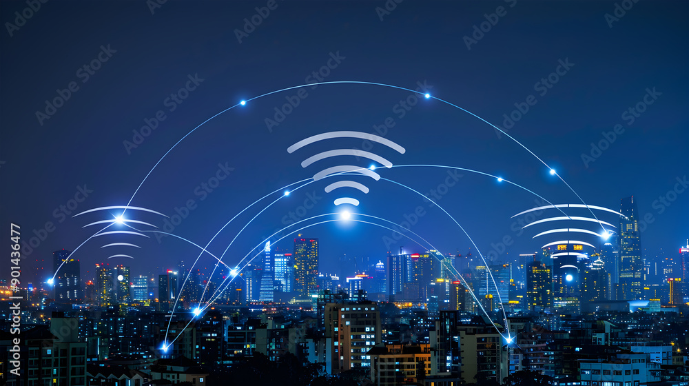 Poster wireless network and connection city. generative ai.