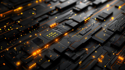 Fototapeta premium High-tech, futuristic abstract backgrounds featuring sleek, dark geometric shapes and elements and glowing yellow light streaks and highlights.