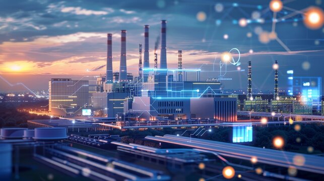 Twilight Glow Futuristic EcoFriendly Power Plant with Digital Sustainability Metrics