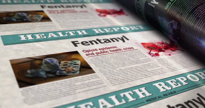 Fentanyl painkiller opioid crisis daily news newspaper roll printing. Abstract concept retro headlines 3d seamless looped.
