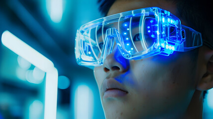 young Chinese man wearing futuristic glasses. Generative Ai.