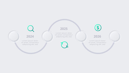 Neumorphic flowchart infographic.  Creative concept for infographic with 3 steps, options, parts or processes. Template for diagram, graph, presentation and chart.