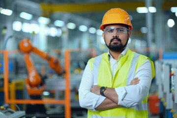 Indian engineer in safety vest and hardhat, standing with crossed arms in a modern manufacturing environment. CNC machinery and robotic arm visible in background, emphasizing technology and expertise.