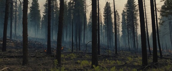 Regenerating forest after wildfire with young saplings.