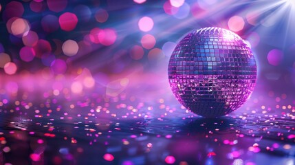 A vibrant disco ball reflecting colorful lights, creating an energetic party atmosphere with sparkles and bright hues.