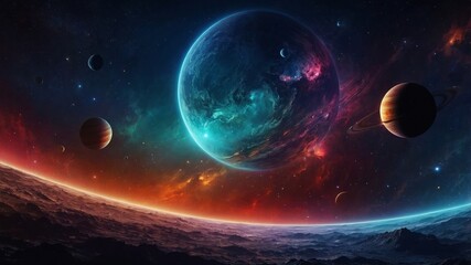 science fiction, abstract background for a poster or cover of the space and the future, a design template from multi-colored gradient, illustrations of planets, a starry sky, a spaceman.