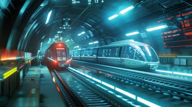 Neon Velocity HighTech Maglev Train Racing Through Urban Tunnel with Digital Ads and Schedules