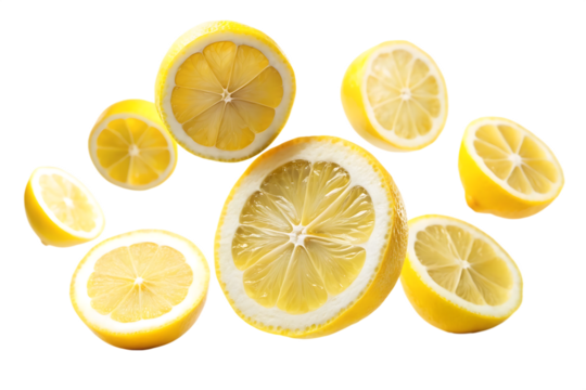 High-Quality Lemons Floating in Midair on Transparent Background PNG