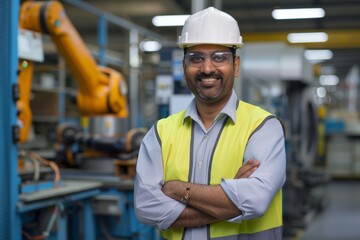 Portrait of a handsome Indian engineer in safety vest and hardhat, smiling confidently with crossed arms in a modern manufacturing factory. CNC machinery and robot arm visible in the background.