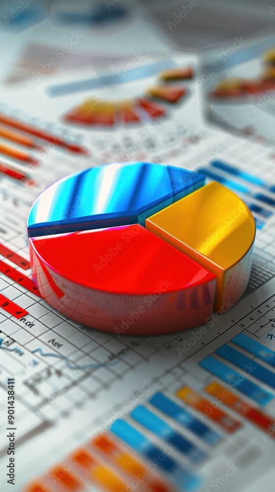 Poster a colorful pie chart on financial graphs, showcasing data analysis and visualization for business in