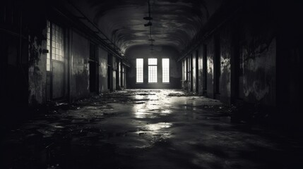 Dark creepy abandoned mental hospital interior in monochrome color. Neural network ai generated art