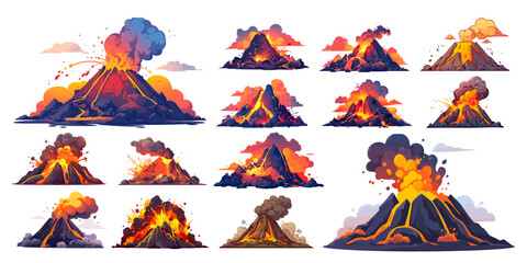 volcanic eruption cartoon set. volcano crater mountain mountain lava fiery magma nature threat disaster landscape cataclysm nature. vector illustration