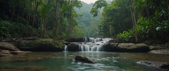 Naklejka premium Panoramic view of the lush jungle and cascading waterfalls of Phukets Khao Phra Thaeo National Park, showcasing the island s natural beauty.