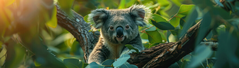Obraz premium A playful koala perched on a branch, surrounded by lush green foliage, capturing the essence of Australia's unique wildlife.