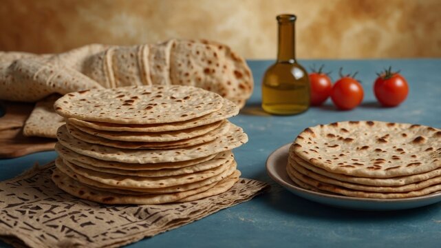 Collage with Jewish flatbread matza on color background.