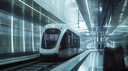 Fototapeta premium Dynamic Urban Transit Futuristic Tram Amid Interactive Eink News Walls
