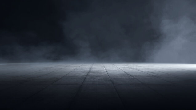 Eerie, foggy atmosphere on a dark concrete floor with dramatic lighting.