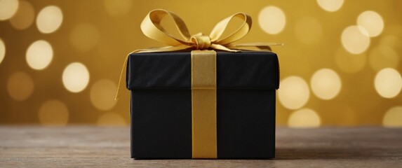 One black gift box on yellow background Holiday concept.