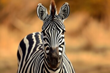 Naklejka premium Captivating close-up of a zebra's face with striking stripes and detailed fur texture