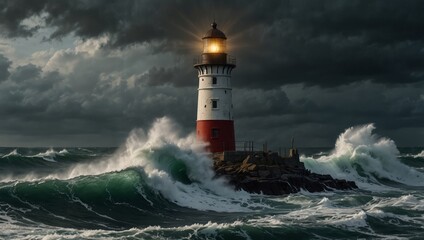 Stormy ocean waves surround a resilient lighthouse, showcasing the power and beauty of nature A dramatic scene of survival and strength.