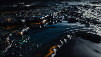 oil spill black background ecology disaster, nature industrial pollution, toxic water abstract.