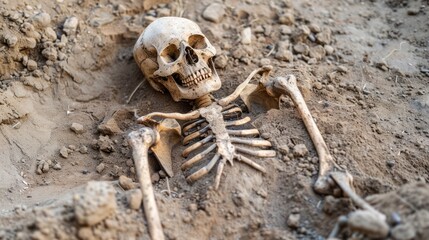 A skeleton is laying in the dirt, with its arms crossed over its chest