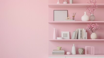 The shelf unit showcases an elegant arrangement of books, vases, and photo frames, complementing the soft pastel pink wall. Generative AI