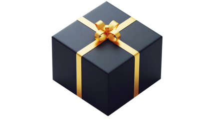 Black Gift Box with Gold Ribbon on Transparent White Background PNG - Black Friday Christmas Present Bow Birthday Decoration Love Holiday Surprise Luxury Isolated Celebration Valentine Anniversary
