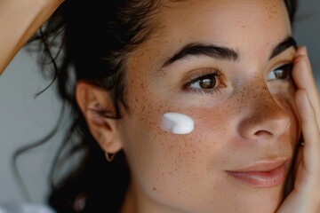 A woman with dark hair and brown eyes from Brazil gently applying facial cream to her cheek, promoting skincare and beauty routines.