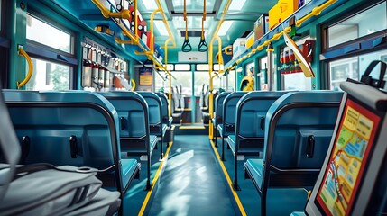 Fototapeta premium A school bus scene with rows of seats, a map of the school route, and safety equipment, emphasizing the start of a new school journey.