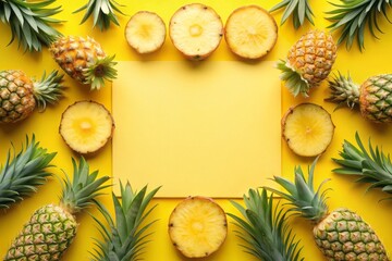 Fresh pineapple slices and a whole fruit isolated on a bright yellow studio background with a template frame and copy text space for advertising or design.