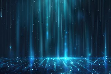 Glowing Blue Data Rain Illuminating an Abstract Digital Landscape at Dawn