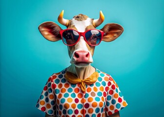 Vibrant cow sports trendy shades and bright polka-dot dress against a brilliant blue backdrop,...