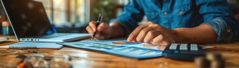Fototapeta premium Person working on financial reports, analyzing business data with laptop and calculator on wooden desk in cozy home office setting.