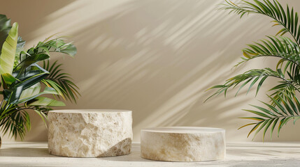 3D rendering of two natural stone podiums against a beige background with tropical plants, for product display advertising.