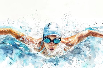 A stunning watercolor illustration of a swimmer demonstrating strength and skill in an energetic splash of water.