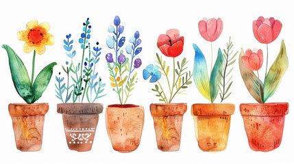 A vibrant collection of watercolor flower pots, featuring various colorful blooms and greenery, perfect for spring themes.