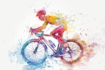 A vibrant watercolor illustration of a cyclist racing, showcasing movement and energy in a colorful artistic style.
