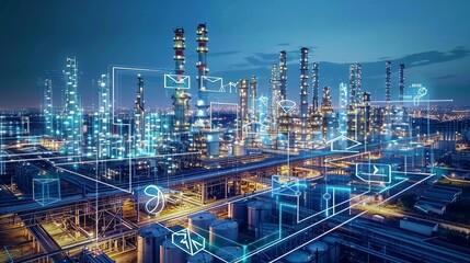 Fototapeta premium Glowing Future Futuristic Industrial Zone Embracing Sustainability and Innovation at Twilight