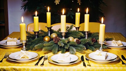 A Christmas table decorated with candles and beautiful tableware