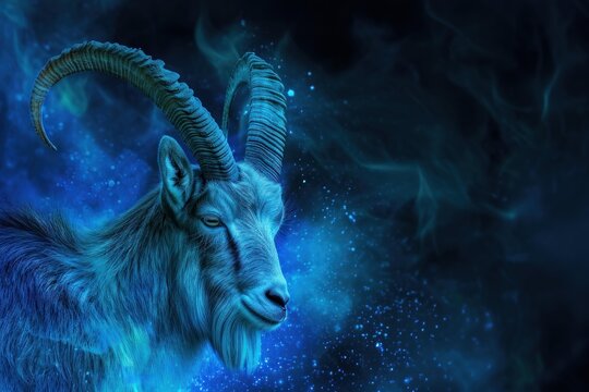 Digital art of a blue goat with majestic horns against a starry, nebulous backdrop