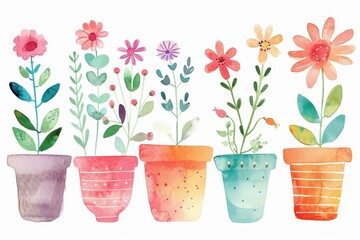 Beautiful watercolor illustration of vibrant flowers in colorful pots, perfect for home decor and botanical themes.