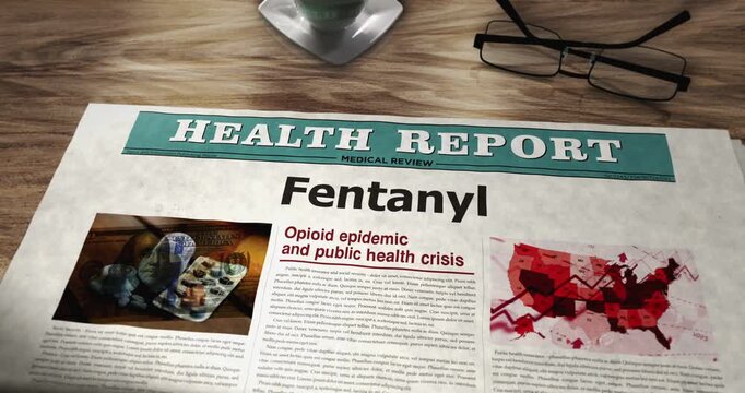 Fentanyl painkiller opioid crisis daily newspaper on table. Headlines news abstract concept 3d.