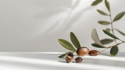Skincare Container with Jojoba Seeds and Oil on White Background, Minimalist Design with Copy Space