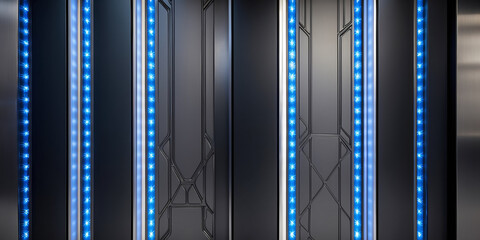 Fototapeta premium Sleek metallic doors panels with illuminated blue neon LED lights. Futuristic, high-tech, or sci-fi environments in corporate or architectural designs background.